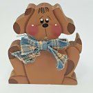 Hand Crafted & Painted Cut Out Wood Sad Puppy Dog Primitive Decor Fabric Bow