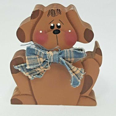Hand Crafted & Painted Cut Out Wood Sad Puppy Dog Primitive Decor Fabric Bow