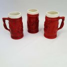 Lot Set Of 3 Vintage Deep Red White Stein Mugs Men Drinking Forest Town Scene