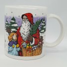 Gibson Christmas Coffee Mug Victorian Santa Claus Girls Trees Basket Snow Sled