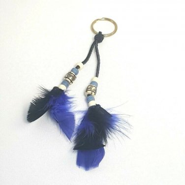 Keychain Beaded Leather Blue Black Feathers