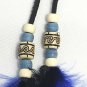 Keychain Beaded Leather Blue Black Feathers