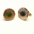 Vintage Jade Cuff Links Round Green Gold Tone Textured