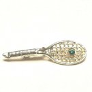 Tennis Racket Simulated Emerald Green Stone Silver Tone Brooch Lapel Pin