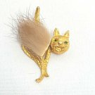 Gold Tone Cat Brooch Pin with Fur Green Rhinestone Eyes Kitty