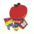 Vintage School Teacher Student Gift Hand Painted Pin Brooch Apple Dangling Charm