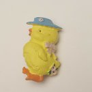Vintage Yellow Easter Chick Duck with Blue Hat Ceramic Pin Brooch Pink Flowers