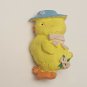 Vintage Yellow Easter Chick Duck with Blue Hat Ceramic Pin Brooch Pink Flowers