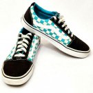 Womens VAN'S Size 9.5 Blue & Black Old Skool Checkerboard Skate Shoe Lace Up Low