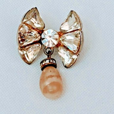 Vintage Dangle Clear Rhinestone Brooch Pin Faux Drop Pearl Winged Crystal Bow