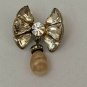 Vintage Dangle Clear Rhinestone Brooch Pin Faux Drop Pearl Winged Crystal Bow