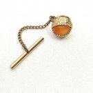 Vtg Mid Century Tie Tack Pin W/ Chain Oracle Eye Shaped Round Yellow Stone