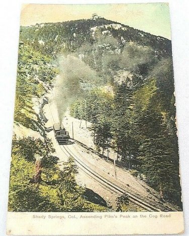 Vintage Litho-Chrome Postcard Ascending Pikes Peak Shady Springs Colorado Cog Rd