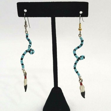 Twisted Painted Feather Turquoise & Black Bead Drop Dangle Hook Earrings
