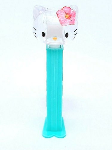 Hello Kitty Pez Dispenser Blue Turquoise Aqua Clear Head Pink Flower Sanrio