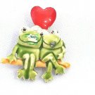 Vintage Enamel Metal Love Frogs Sitting Lapel Pin Brooch Heart Valentines Day