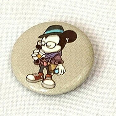 Disney Button Pin 1" Hipster Mickey Coffee Cell Phone Glasses Hat + Pinback