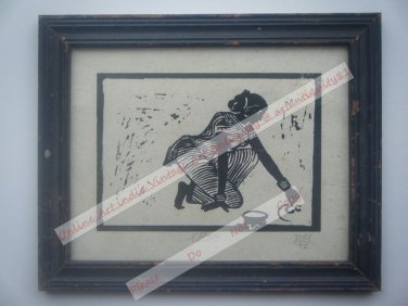 Original Indian Lady Women Signed Art Print in Old Wooden Frame India #2360