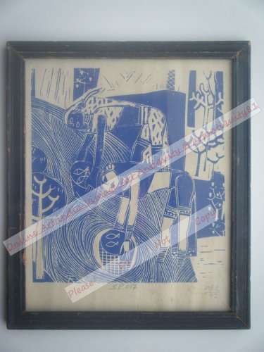 Working Lady Beautiful Signed Art Print in Old Handmade Wooden Frame India #2368
