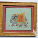 Beautiful Elephant Hand Color Folk Painting in Old Wooden Frame India #3100