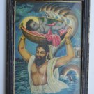 Baby Krishna Collectible Rare Old Art Print in Old Wooden Frame from India #3292