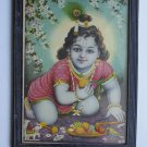 Baby Krishna Collectible Rare Old Art Print in Old Wooden Frame from India #3294