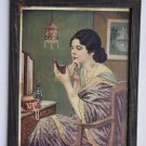 Woman Make Up Collectible Rare Old Print in Old Wooden Frame India Art #3139