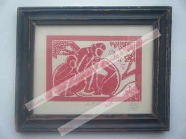 Monkeys Beautiful Signed Art Print in Old Handmade Wooden Frame India #2372