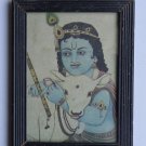 Krishna Collectible Rare Old Art Print in Old Wooden Frame from India #3308