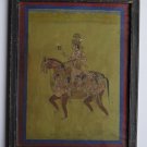 Hindu God on Horse Rare Hand Color Folk Painting in Old Wooden Frame India #3093