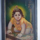 Hindu God Krishna Rare Old Religious Print in Old Wooden Frame India Art #2776