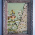 Hindu God Krishna Old Religious Print in Old Wooden Frame India Art #2823
