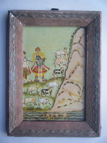 Hindu God Krishna Old Religious Print in Old Wooden Frame India Art #2823