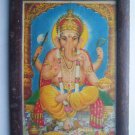 Hindu God Ganesha Old Religious Print in Old Wooden Frame India Art #2865