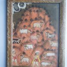 Hindu God Krishna Cows Old Religious Print in Old Wooden Frame India Art #2821
