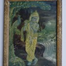 Krishna Collectible Rare Old Art Print in Old Wooden Frame from India #3303