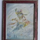 Krishna Collectible Rare Old Art Print in Old Wooden Frame from India #3304