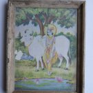 Krishna Collectible Rare Old Art Print in Old Wooden Frame from India #3307