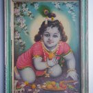 Hindu God Krishna Rare Old Religious Print in Old Wooden Frame India Art #2777