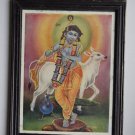 God Krishna Rare Collectible Old Religious Print in Old Wooden Frame #3169