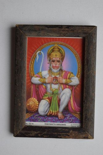Monkey God Hanuman Collectible Original Print in Old Wooden Frame India #3150