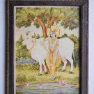 God Krishna Rare Collectible Old Religious Print in Old Wooden Frame #3170
