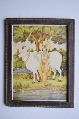 God Krishna Rare Collectible Old Religious Print in Old Wooden Frame #3170