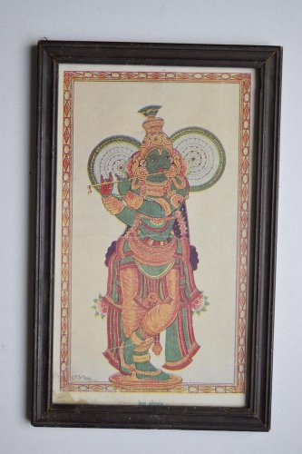 God Krishna Rare Collectible Old Religious Print in Old Wooden Frame #3175