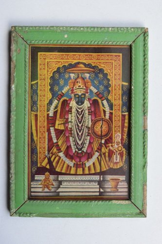 Shrinathji Krishna Avatar Rare God Old Print in Old Wooden Frame India #3227