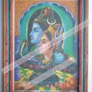 Hindu God Shiva Parvati Rare Print in Hand Coloured Old Wooden Frame India #2418