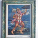 Lord Hanuman Rare Collectible Original Print in Old Wooden Frame India #2792