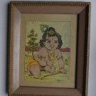 God Krishna Rare Collectible Old Religious Print in Old Wooden Frame #3190
