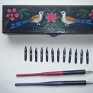 Rare Old Calligraphy Dip Pen Vintage India Holder Lot Nibs Wood Box Painting#948
