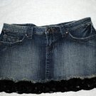 YMI BLUE WASHED DENIM MINI SKIRT BLACK SEQUINED LACE TRIM BOTTOM  SIZE 9